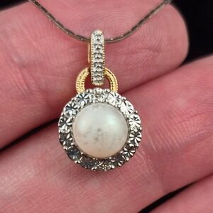 VTG Italian 925 Silver Halo Pendant Necklace Pearl Clear Stone Dainty Estate 18"